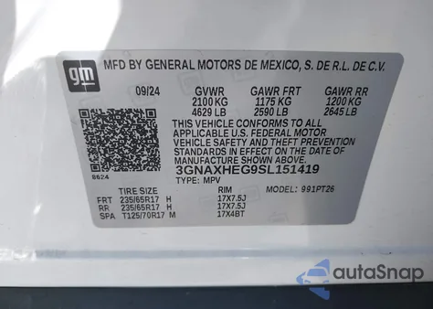 2025 Chevrolet Equinox Fwd Lt z USA, uszkodzony, nr VIN 3GNAXHEG9SL151419